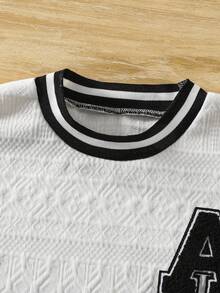 SHEIN 2pcs Kids Sports Outfit,Summer Casual Short Sleeve T-Shirt And Shorts Set,White Back-To-School Collegiate Style Round Neck,School Striped Trim Outfit - White - View 12