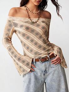 Bohemela Casual Knitted Pattern Lace Off-Shoulder Long Sleeve Slim Fit Women's T-Shirt Valentines For Women Valentine's Day Summer Elegant Spring Women Summer - Apricot - View 6