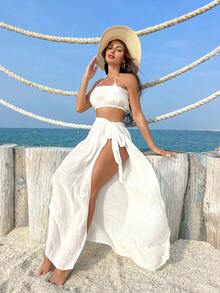 Swim Vcay 圍裙風格純色連身胸衣和裙子組合出席婚禮 - 白色 - 查看 2