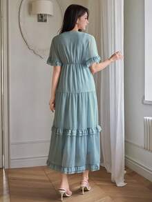 DAZY Đầm maxi nữ thanh lịch màu trơn cổ chữ V viền bèo, đầm dự tiệc cưới mùa hè, đầm maxi chống nắng. - Màu xanh lam - Xem 2