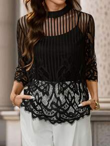 Editum 女士春季立领蕾丝上衣 - 黑色 - 查看 7