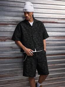 AXEPEAK 男士腰果提花短袖单排扣衬衫和短裤套装 - 黑色 - 查看 6
