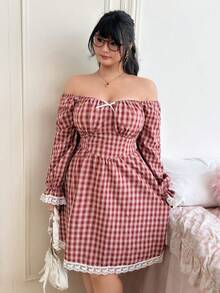 SHEIN EZwear Vestido a cuadros con cuello cuadrado, lazo y ribete de encaje para tallas grandes - Rojo - Ver 6