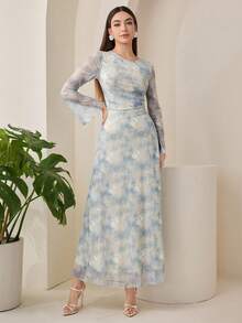 Veilorie 女士扎染圆领喇叭袖褶皱优雅连衣裙 - 彩色 - 查看 5