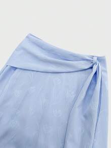 GlowEve 新款女士编织纹理花卉图案弹力腰带飘逸系带阔腿半身裙，优雅休闲日常百搭，春秋季 - 淺藍色 - 查看 5