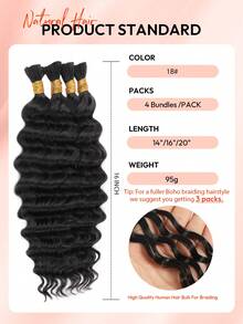 100% Human Braiding Hair For Boho Braids Deep Wave Curly Human Hair Braiding Hair 4 Bundles/Pack 95g Full Head Natural Black Bulk Human Hair Extension For Knotless Braiding Wet Wavy No Weft Pre Separated Braiding Hair Human Hair Extensions For Women - Natural Black - View 5