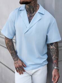Manfinity CasualCool 男士淺藍色夏季休閒度假短袖領襯衫，極簡純色正裝襯衫，適合海灘婚禮，邁阿密風情，老錢風 - 藍色 - 查看 6