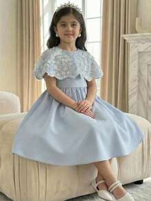 2pcs/Set Young Girl Floral Print Dress With Shawl Cardigan, Princess Elegant Gorgeous Palace Style - Green - View 4