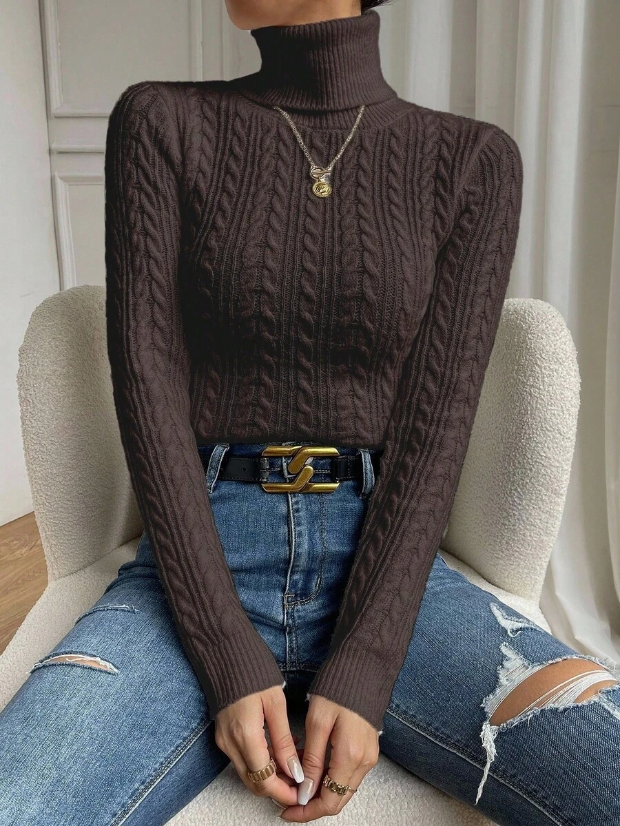 SHEIN Casual Solid Color Turtleneck Sweater, Autumn/Winter - Coffee Brown - View 1