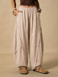 Easelle Quần nữ kaki dáng suông phong cách Bohemian phương Tây cổ điển, thiết kế đường viền cong tinh tế, thích hợp mặc vào mùa xuân và mùa hè. - Màu Khaki - Xem 5