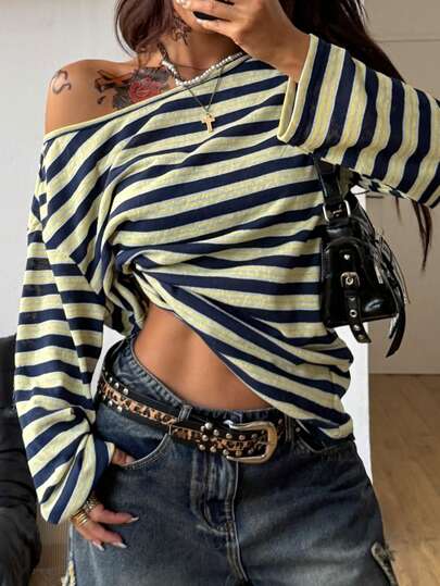 Coolane Damen Frühling Goth Grunge Y2K Cupido Grafiken Bequemes asymmetrisches Ausschnitt Off-Shoulder Langarm T-Shirt, X Rafael Machado