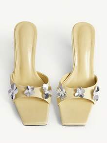 CUCCOO CHICEST Women Shoes Summer Popular Sequins Decal Square Head Stiletto Sweet Fairy Wind Comfortable Slippers Outer Wear Valentine's Day