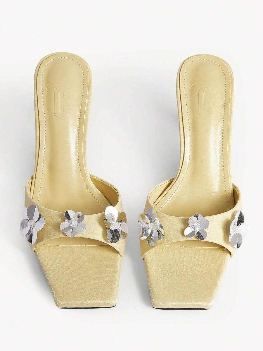 CUCCOO CHICEST Women Shoes Summer Popular Sequins Decal Square Head Stiletto Sweet Fairy Wind Comfortable Slippers Outer Wear Valentine's Day