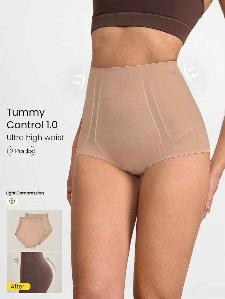 GLOWMODE 2 Pack Sculpt Fit High-Rise Waist Tummy Control Butt-Lifting Shapewear Coverage Underwear Daily Casual - Apricot - View 1