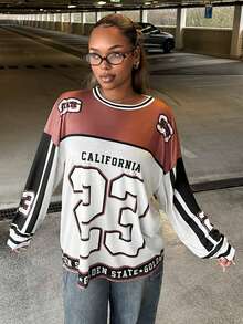 Slaydiva 2025 New Autumn And Early Autumn New Casual Street Sports Style Daily Dating Music Festival Round Neck Long Sleeve Drop Shoulder Super Loose T-Shirt 23 Digital Slogan Logo Print Brown Splicing White P,Fall Clothes For Women - Multicolor - View 10