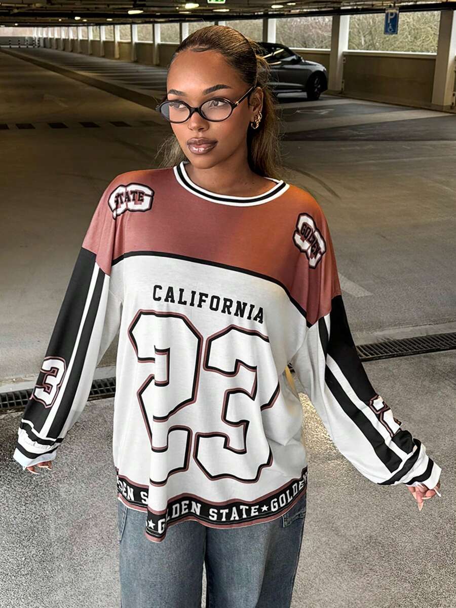 Slaydiva 2025 New Autumn And Early Autumn New Casual Street Sports Style Daily Dating Music Festival Round Neck Long Sleeve Drop Shoulder Super Loose T-Shirt 23 Digital Slogan Logo Print Brown Splicing White P,Fall Clothes For Women - Multicolor - View 1