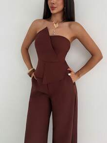 Aloruh Brown Minimalist Commuter Sleeveless Patchwork Crop Top + Wide Leg Long Pants Set, Spring/Summer - Brown - View 5
