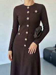 Lavishia Đầm dự tiệc thanh lịch dành cho nữ, cổ tròn, cài một hàng cúc, thắt eo. - Màu nâu  Mocha - Xem 4