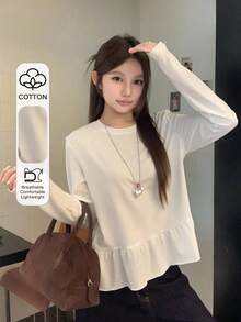 DAZY 女士圆领纯色韩版荷叶边休闲长袖T恤，秋季女装 - 白色 - 查看 7