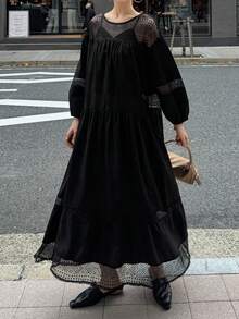 FRIFUL 女士拼接几何网纱圆领灯笼袖宽松休闲连衣裙 - 黑色 - 查看 8