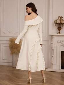 Modelyn Women's Elegant Asymmetrical Shoulder Frill Trim Midi Dress - Beige - View 2