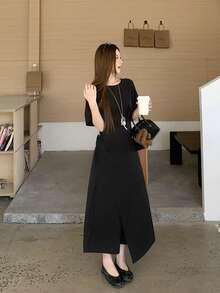 DAZY 女士休闲宽松系带腰短袖圆领中长连衣裙，街头风吊带裙 - 黑色 - 查看 5