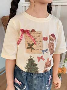 DAZY Young Girls' Round Neck Cartoon Korean Style Christmas Bow Tie T-Shirt Spring - Apricot - View 2