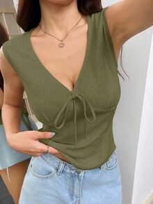 SHEIN EZwear 女士纯色V领系带亚麻背心，适合度假穿着 - 軍綠色 - 查看 6