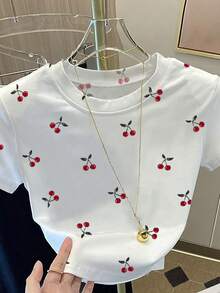 Resyla 女士时尚百搭水果数码印花修身短袖T恤，樱桃印花T恤，樱桃T恤，水果T恤 - 白色 - 查看 5