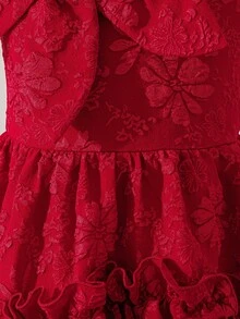 SHEIN Elegant Red Satin Traditional Wedding Dress For Girls,Sleeveless 3D Floral Jacquard Party Frock With Rhinestone Bow And Tiered Ruffle Hem For Toddler - Blue and White - View 13