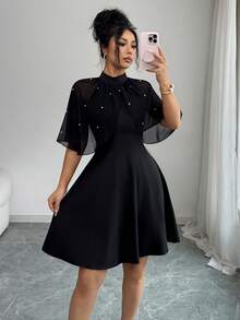 Modelyn Summer Pearl Chiffon Wrap Waist Black Dress, Elegant Short Dress - Black - View 3