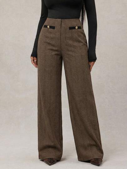 SHEIN SXY Pantalon ample élégant à taille haute et jambes larges à motif pied-de-poule pour femmes