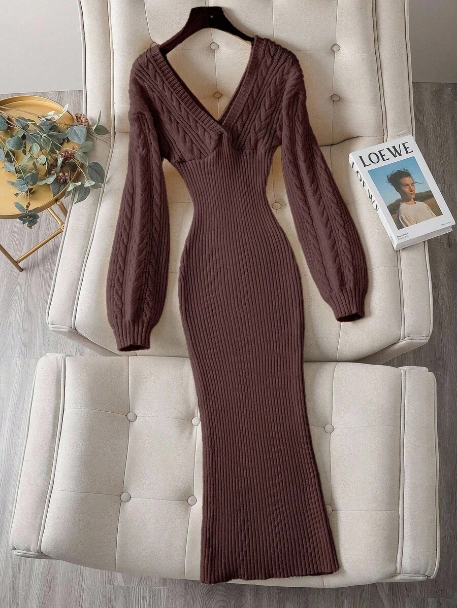 Franclia V-Neck Long Sleeve Ribbed Casual Long Knit Sweater Dress - Coffee Brown - View 1