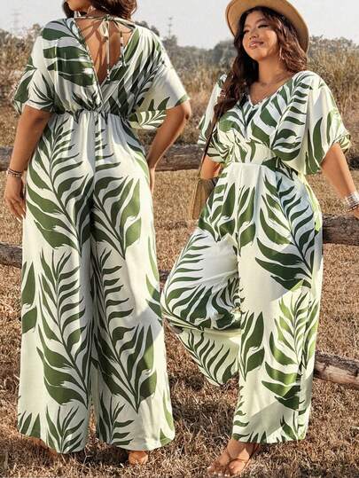 Ceyna Plus Size Women's New Spring/Summer 5/7 Sleeve Jumpsuit, Elegant Casual Vacation Tropical Leaf Print Jumpsuit, Bohemian V-Neck Long Jumpsuit For Outdoor, Beach, Vacation Plus Size Matching Sets Women Matching Sets Summer 2 Piece Sets Curvy Two Piece Set Women Plus Size Jamaica Outfits Plus Size Vacation Outfits Woman Resort Wear