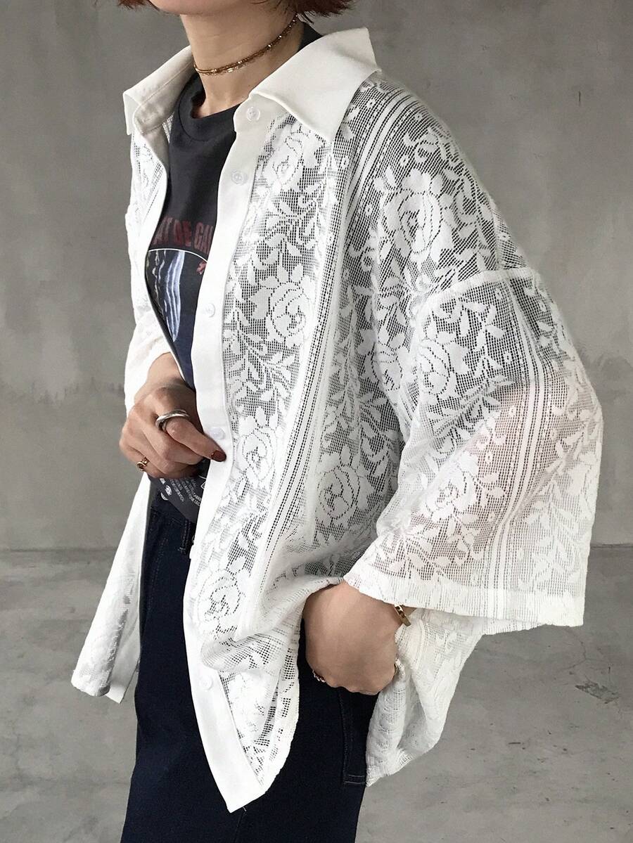 FRIFUL 女士蕾丝拼接翻领单排扣休闲通勤长袖衬衫 - 米色 - 查看 1