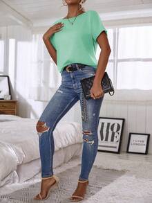 EMERY ROSE Women's Solid Color Casual Oblique Shoulder Short Sleeve T-Shirt - Mint Green - View 5