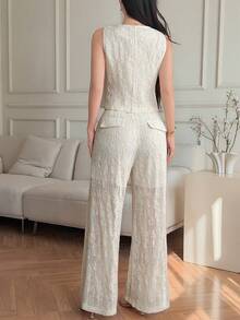 Dazy-Less Spring/Summer Elegant Lace 2-Piece Set: Sleeveless Jacket Top And Straight Leg Pants, Casual Commuting Outfit, Old Money Luxury Style Business Casual Woman - White - View 2