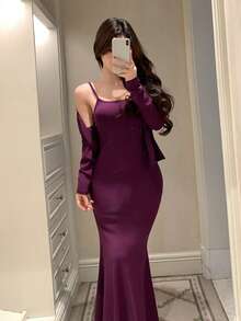 DAZY 纯色针织开衫和修身长裙家居服套装（女士） - 紫色 - 查看 4