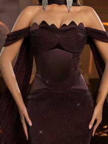 Glamrae Elegant Crafted Floral Lace Collar Structural Splice Ruffle Hem Flared Hem Cocktail Party Dress, Evening Dress, Lightweight Mesh Dress - Coffee Brown - View 7