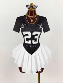 Amplova 女士撞色印花短袖迷你连衣裙 - 黑與白 - 查看 7