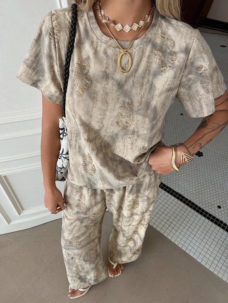 Women's Casual Floral Sequin T-Shirt And Wide Leg Pants 2 Pieces Set, Summer