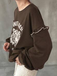 FRIFUL Sweatshirt Wanita Kerah Bulat Warna Kontras dengan Hiasan Rumbai dan Motif Hewan serta Huruf, Lapisan Termal Warna Kontras, Kostum Halloween, Musim Gugur - Mocha Brown - View 3