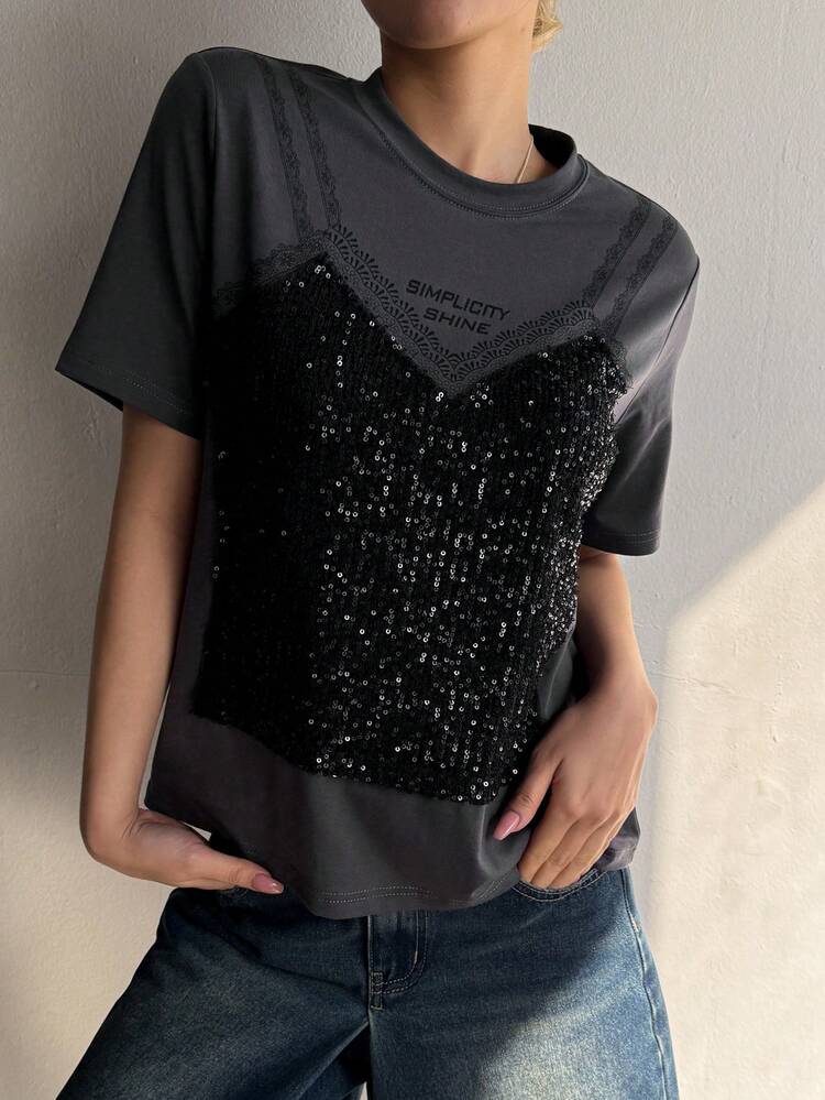 Women's Sequin Splice Loose Round Neck Short Sleeve T-Shirt New Years Carnival