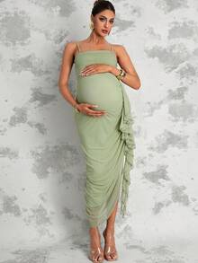 MaterniChic Maternity Summer Sage Green Elegant Party Pregnant Spaghetti Strap Ruffle Hem Dress For Photography,Baby Shower,Wedding Guest And Luxury Evening Out - Green - View 10