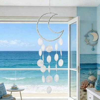 Madebyblanc 1 pieza Colgante de campana de viento con diseño de luna y concha estilo nórdico INS - Decoración colgante creativa y minimalista para dormitorio, sala de estar, balcón y comedor | Regalo perfecto para el Ramadán, el Día de San Valentín, el Día del Padre, el Día de la Madre y Año Nuevo