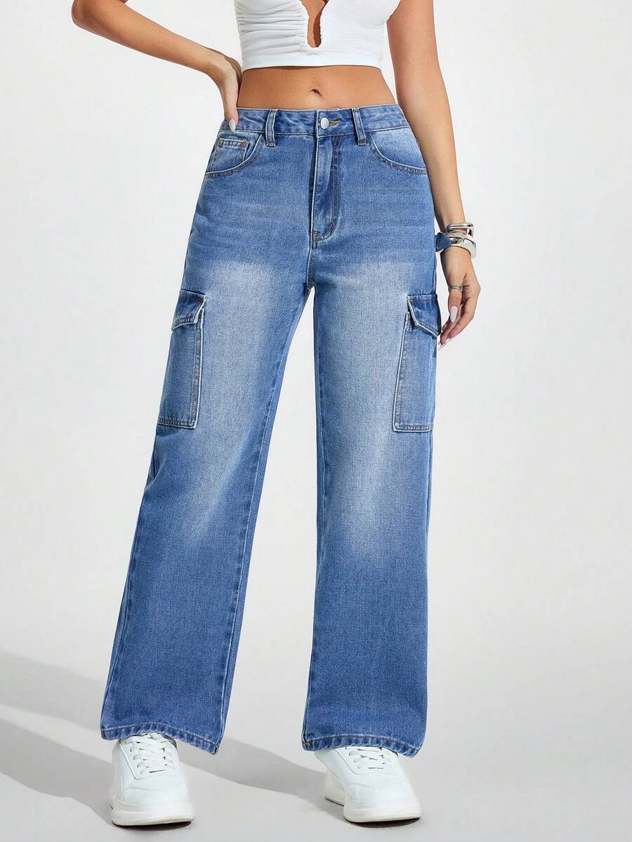 Jeanoix 女士口袋纽扣做旧设计休闲百搭通勤喇叭牛仔裤 - 藍色 - 查看 1