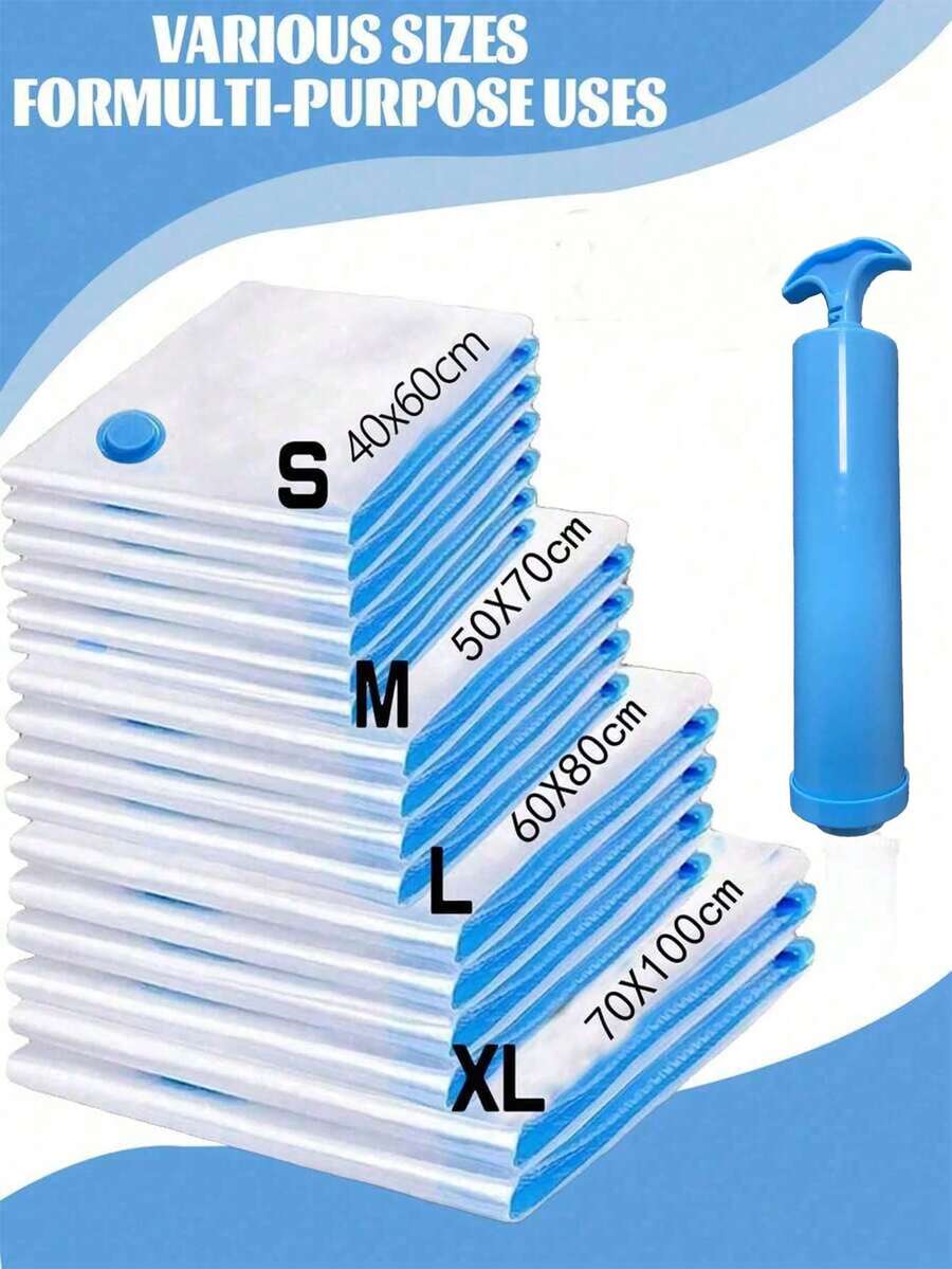真空压缩袋、真空收纳袋、密封袋、手动气泵、衣物收纳袋、旅行压缩袋、家用行李袋、真空袋、衣物收纳袋、旅行、收纳袋、旅行配件、旅行整理袋、节省居家收纳空间、旅行收纳挂式衣物袋，适用于床上用品、衣物、返校用品、礼品、必备收纳物品