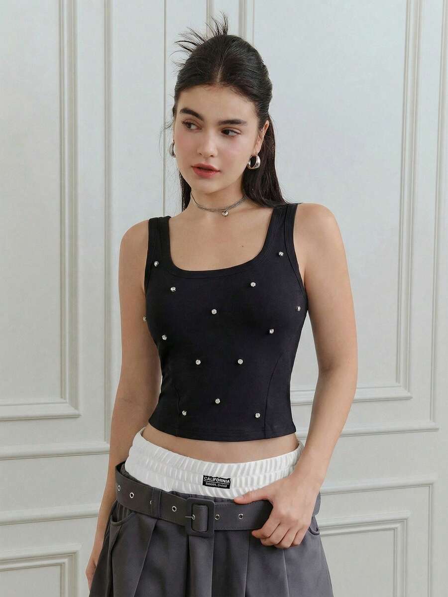 SHEIN MOD 方领镶钻黑色宽肩带无袖休闲修身背心,女士露脐上衣 - 黑色 - 查看 1