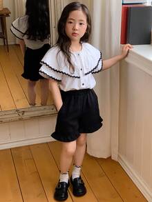 DAZY Blusa de manga corta de estilo coreano informal con volantes y detalles de color contrastante para niñas, primavera/verano - Blanco - Ver 6