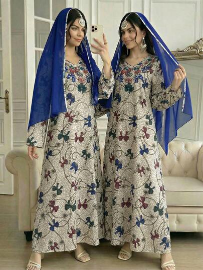 Abaya Teen Girl Bowknot & Chain Print Long Dress Long Modest Dresses For Girls And Ladies Sister Matching Dress Abaya Sets Girls فساتين ناعمه